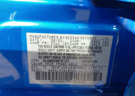 2021 Nissan Sentra Sr Xtronic Cvt z USA, uszkodzony, nr VIN 3N1AB8DV9MY321603